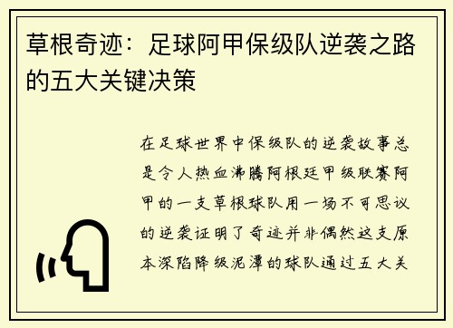草根奇迹：足球阿甲保级队逆袭之路的五大关键决策