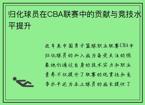 归化球员在CBA联赛中的贡献与竞技水平提升
